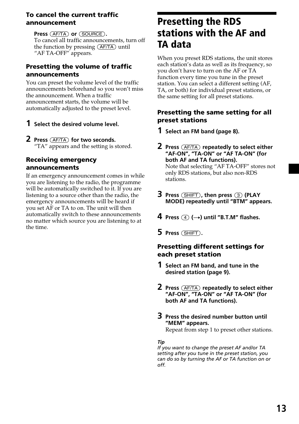 Presetting the rds stations with the af and, Ta data | Sony CDX-4270R User Manual | Page 13 / 96
