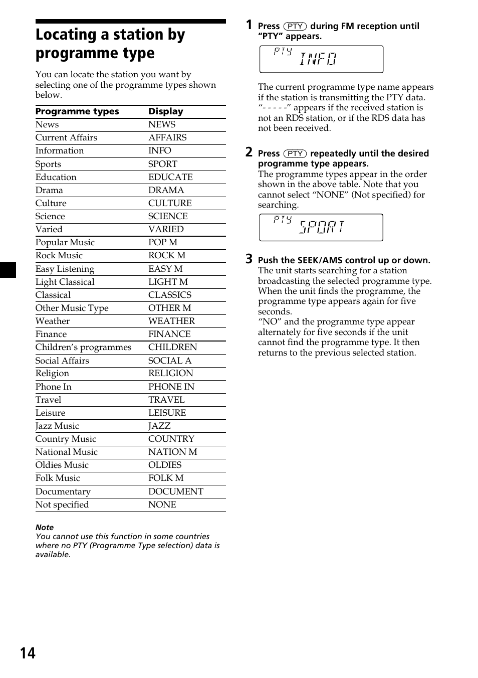 Locating a station by programme type, 14 locating a station by programme type | Sony CDX-4270R User Manual | Page 14 / 96