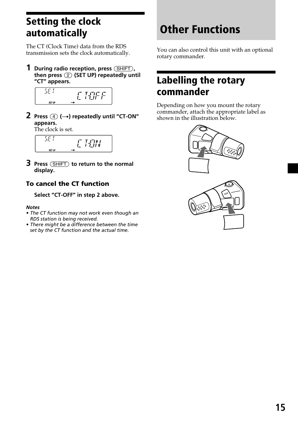Other functions, 15 setting the clock automatically, Labelling the rotary commander | Sony CDX-4270R User Manual | Page 15 / 96
