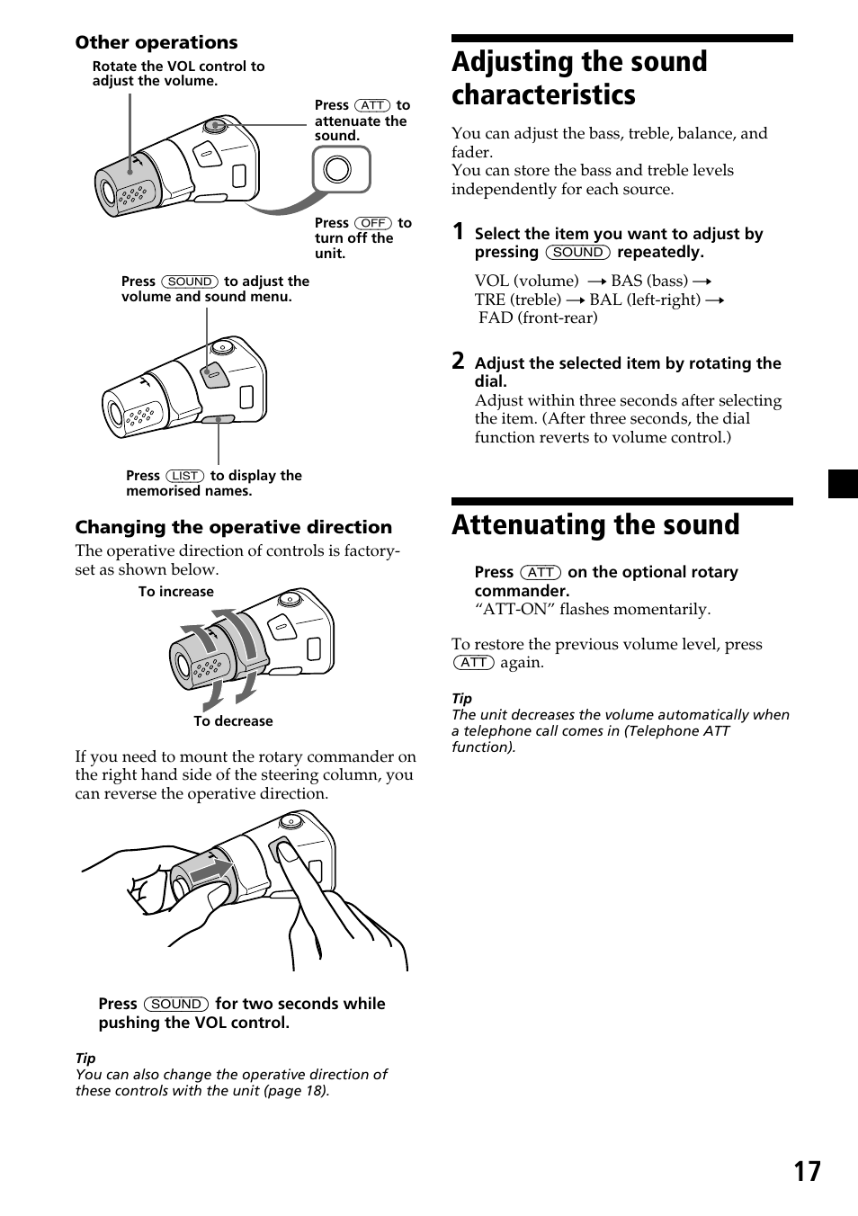 Adjusting the sound characteristics, Attenuating the sound | Sony CDX-4270R User Manual | Page 17 / 96