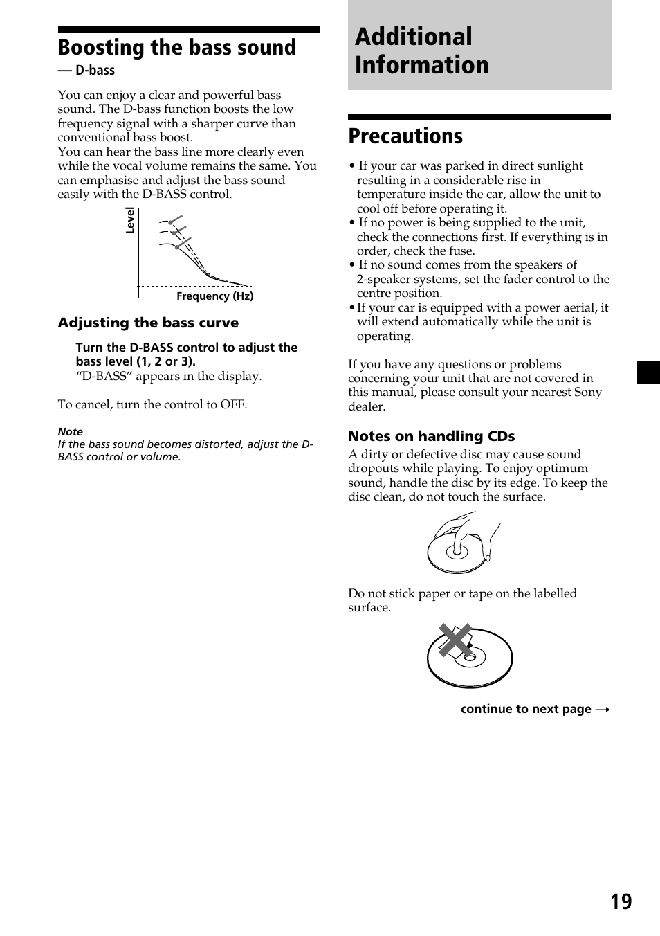 Additional information, 19 boosting the bass sound, Precautions | Sony CDX-4270R User Manual | Page 19 / 96