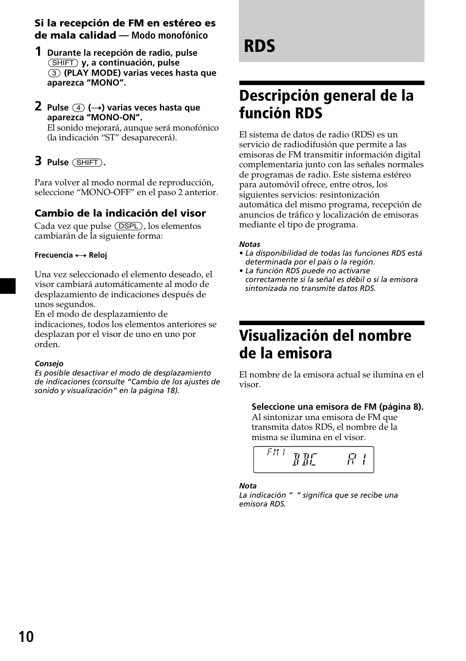 Descripción general de la función rds, Visualización del nombre de la emisora | Sony CDX-4270R User Manual | Page 34 / 96