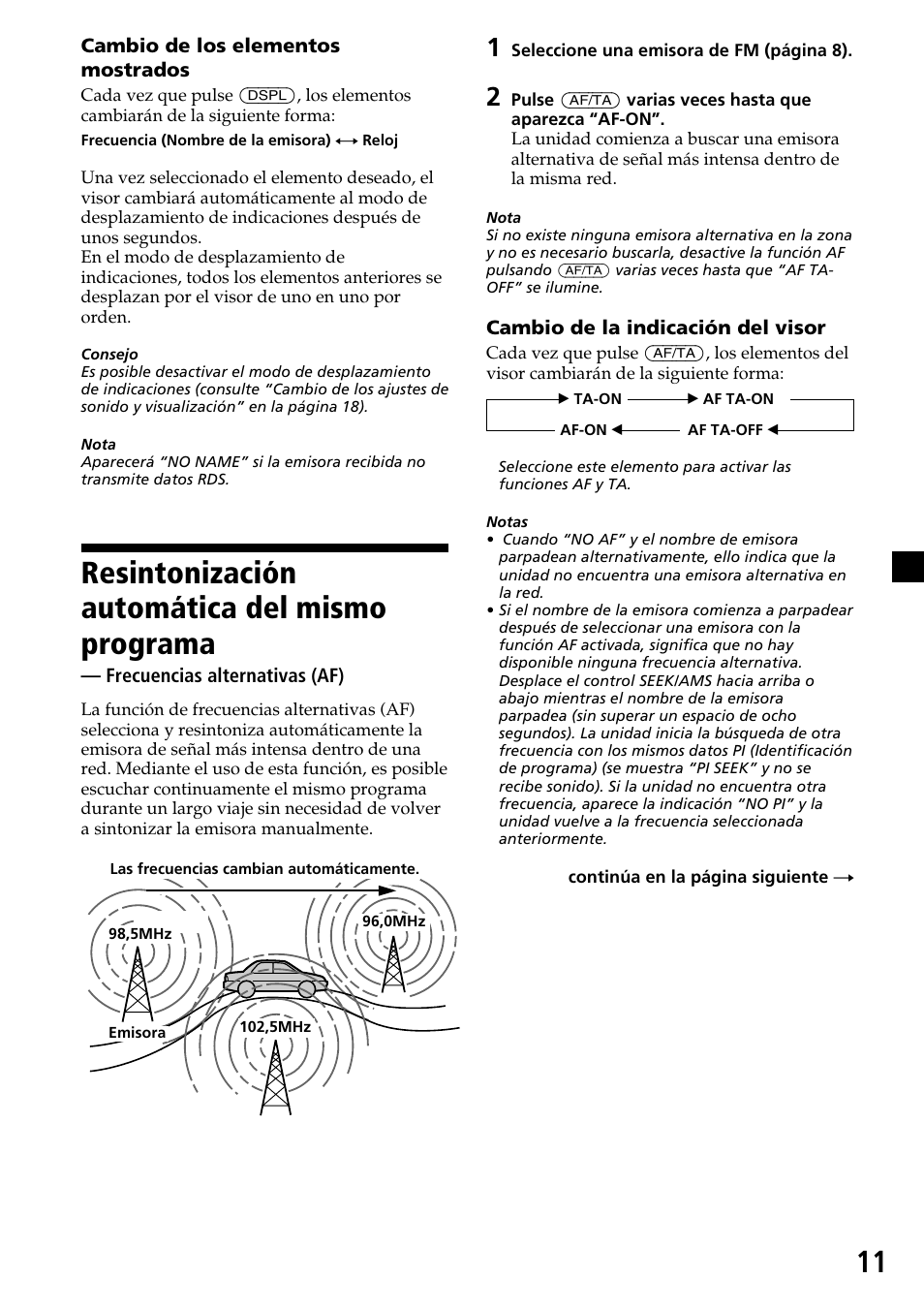 Resintonización automática del mismo programa, Frecuencias alternativas (af), Resintonización automática del mismo | Programa — frecuencias alternativas (af) | Sony CDX-4270R User Manual | Page 35 / 96