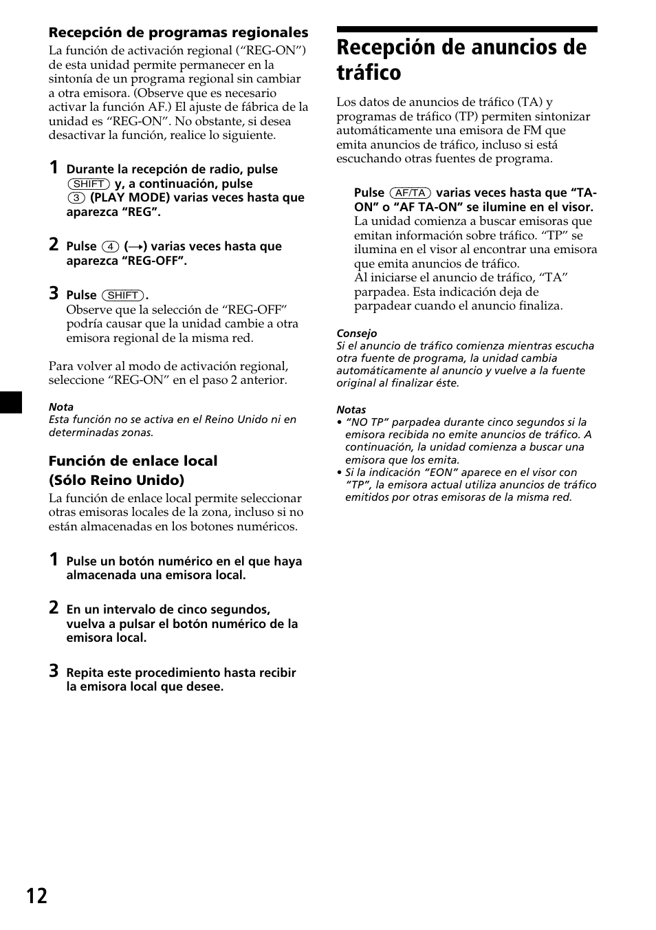 Recepción de anuncios de tráfico, 12 recepción de anuncios de tráfico | Sony CDX-4270R User Manual | Page 36 / 96