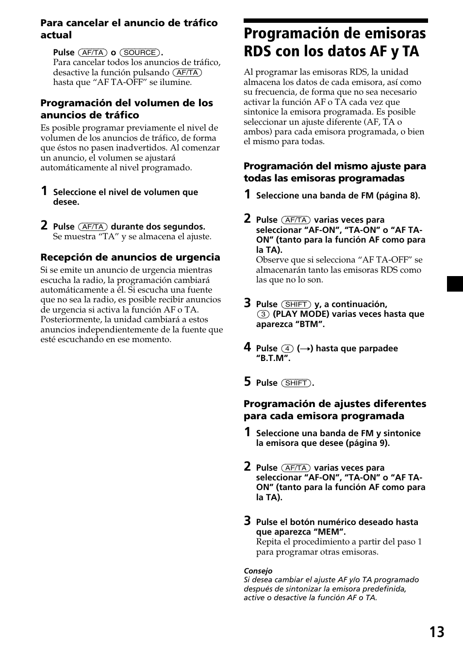 Programación de emisoras rds con los datos af y ta, Programación de emisoras rds con los datos, Af y ta | Sony CDX-4270R User Manual | Page 37 / 96
