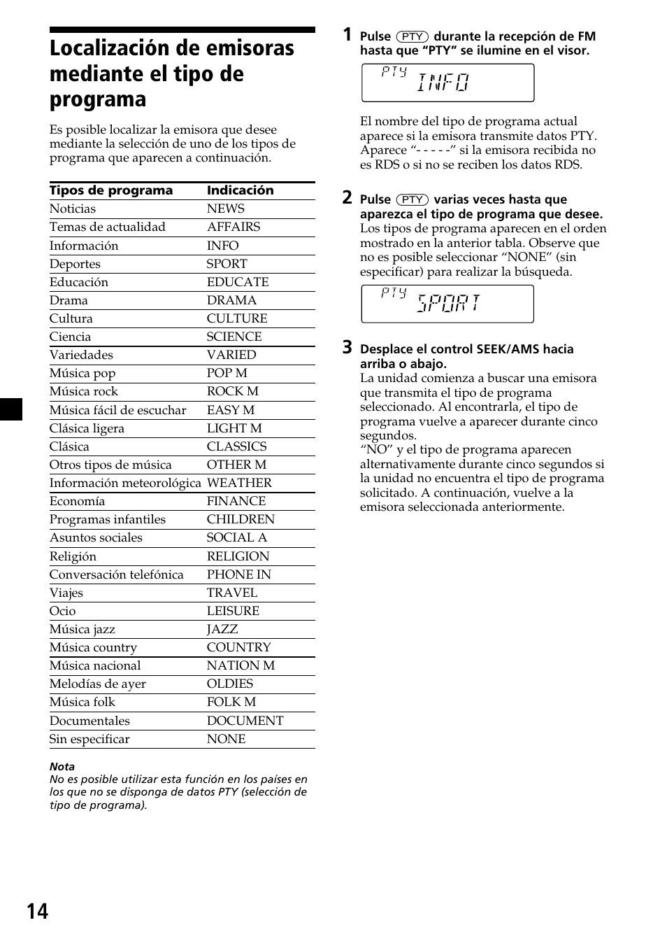 Localización de emisoras mediante el tipo de, Programa | Sony CDX-4270R User Manual | Page 38 / 96