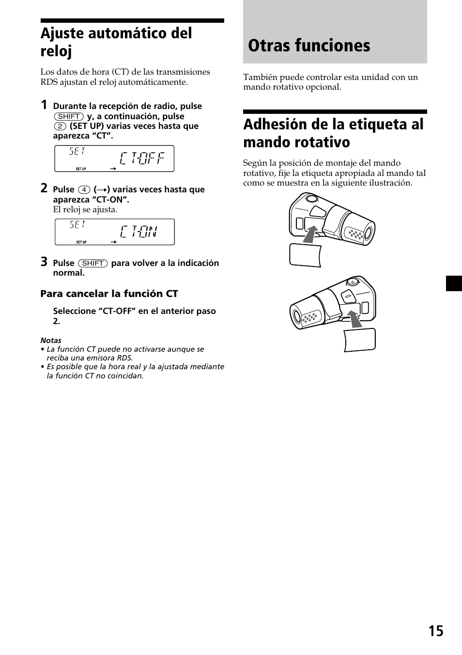 Otras funciones, Adhesión de la etiqueta al mando rotativo, Ajuste automático del reloj | Sony CDX-4270R User Manual | Page 39 / 96