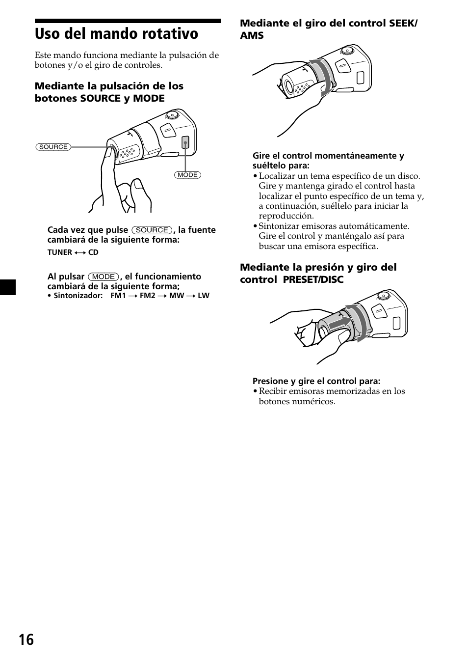16 uso del mando rotativo | Sony CDX-4270R User Manual | Page 40 / 96