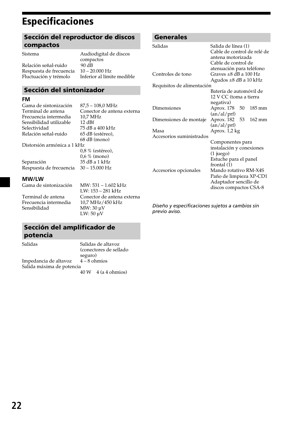 22 especificaciones, Sección del reproductor de discos compactos, Sección del sintonizador | Sección del amplificador de potencia, Generales | Sony CDX-4270R User Manual | Page 46 / 96