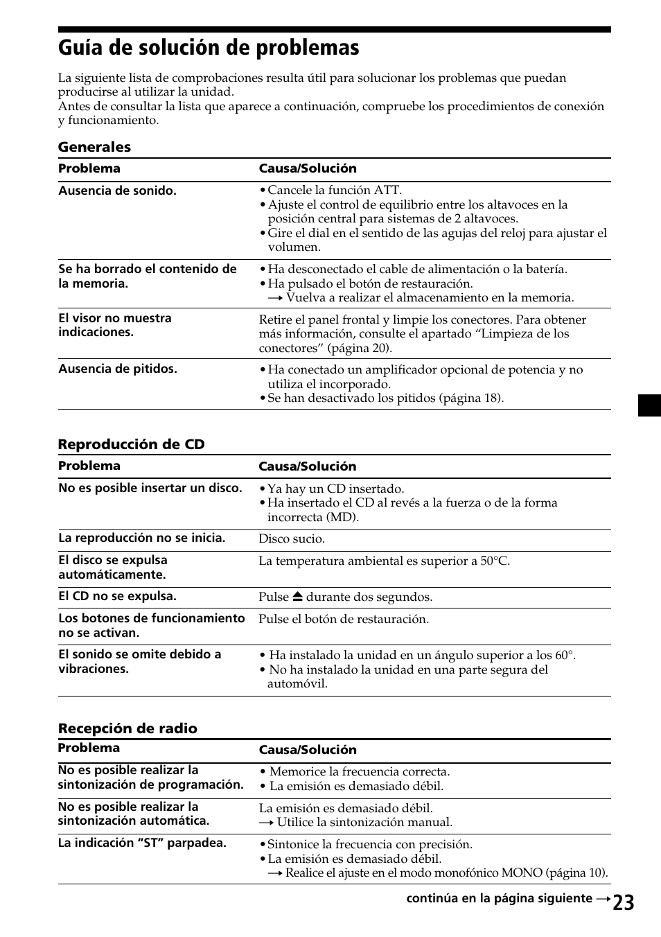 23 guía de solución de problemas | Sony CDX-4270R User Manual | Page 47 / 96