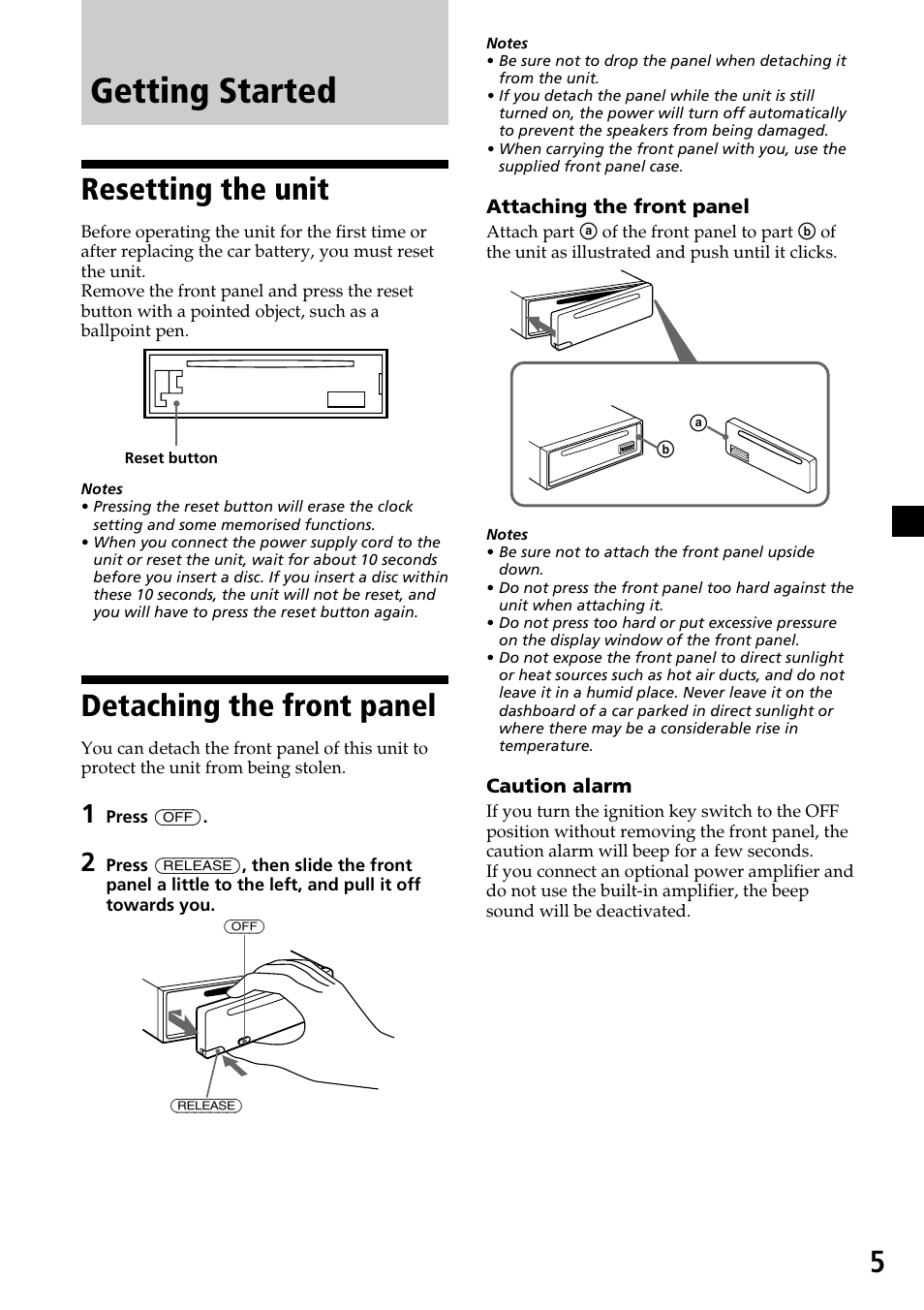 Getting started, Resetting the unit, Detaching the front panel | Resetting the unit detaching the front panel | Sony CDX-4270R User Manual | Page 5 / 96