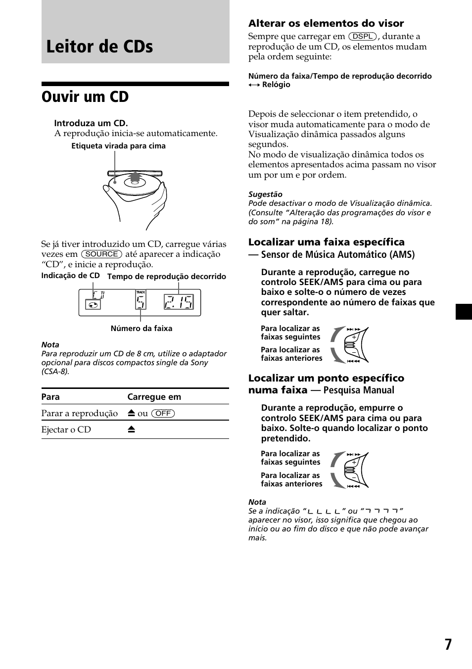 Leitor de cds, Ouvir um cd | Sony CDX-4270R User Manual | Page 55 / 96
