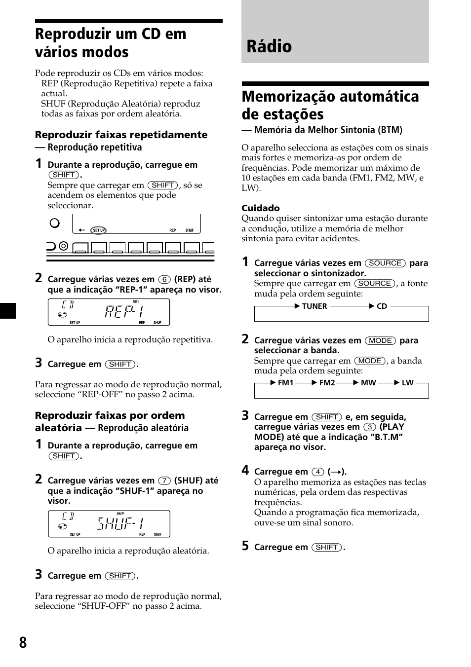 Rádio, 8reproduzir um cd em vários modos | Sony CDX-4270R User Manual | Page 56 / 96
