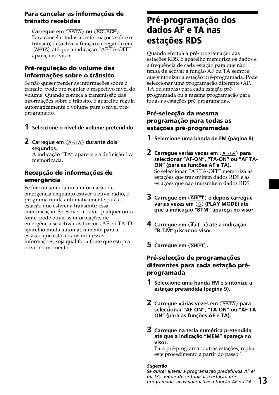 Pré-programação dos dados af e ta nas estações rds | Sony CDX-4270R User Manual | Page 61 / 96