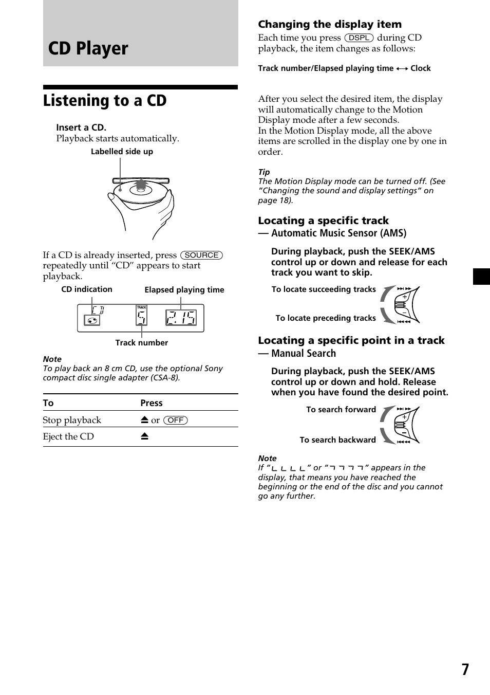 Cd player, Listening to a cd | Sony CDX-4270R User Manual | Page 7 / 96