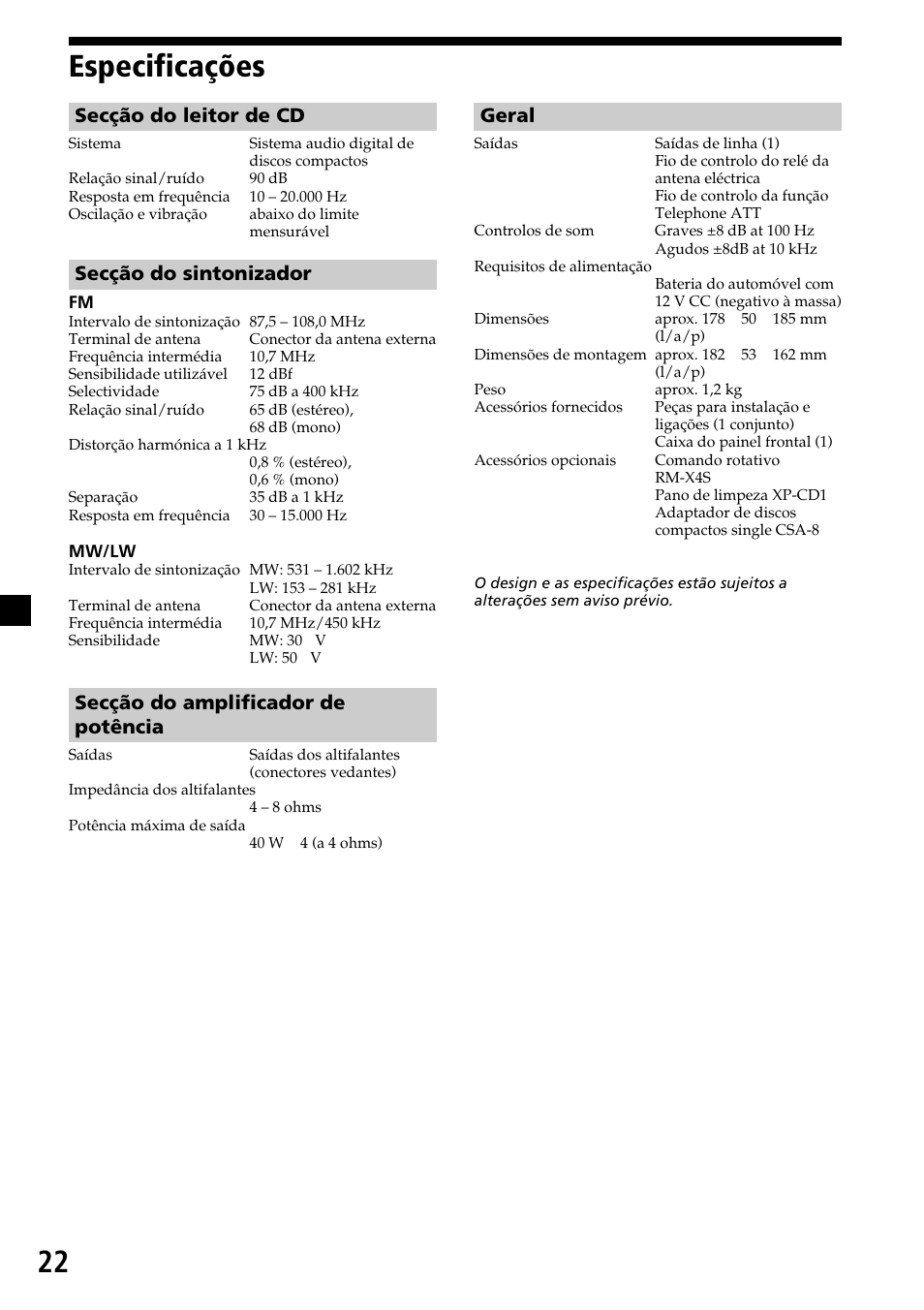 22 especificações, Secção do leitor de cd, Secção do sintonizador | Secção do amplificador de potência, Geral | Sony CDX-4270R User Manual | Page 70 / 96