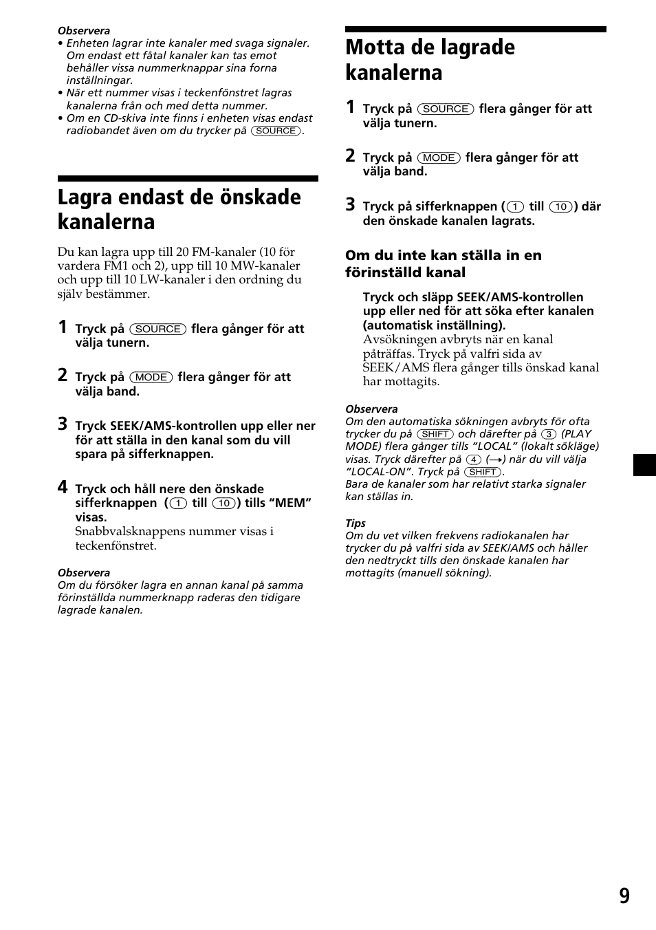 Lagra endast de önskade kanalerna, Motta de lagrade kanalerna, 9motta de lagrade kanalerna | Sony CDX-4270R User Manual | Page 81 / 96