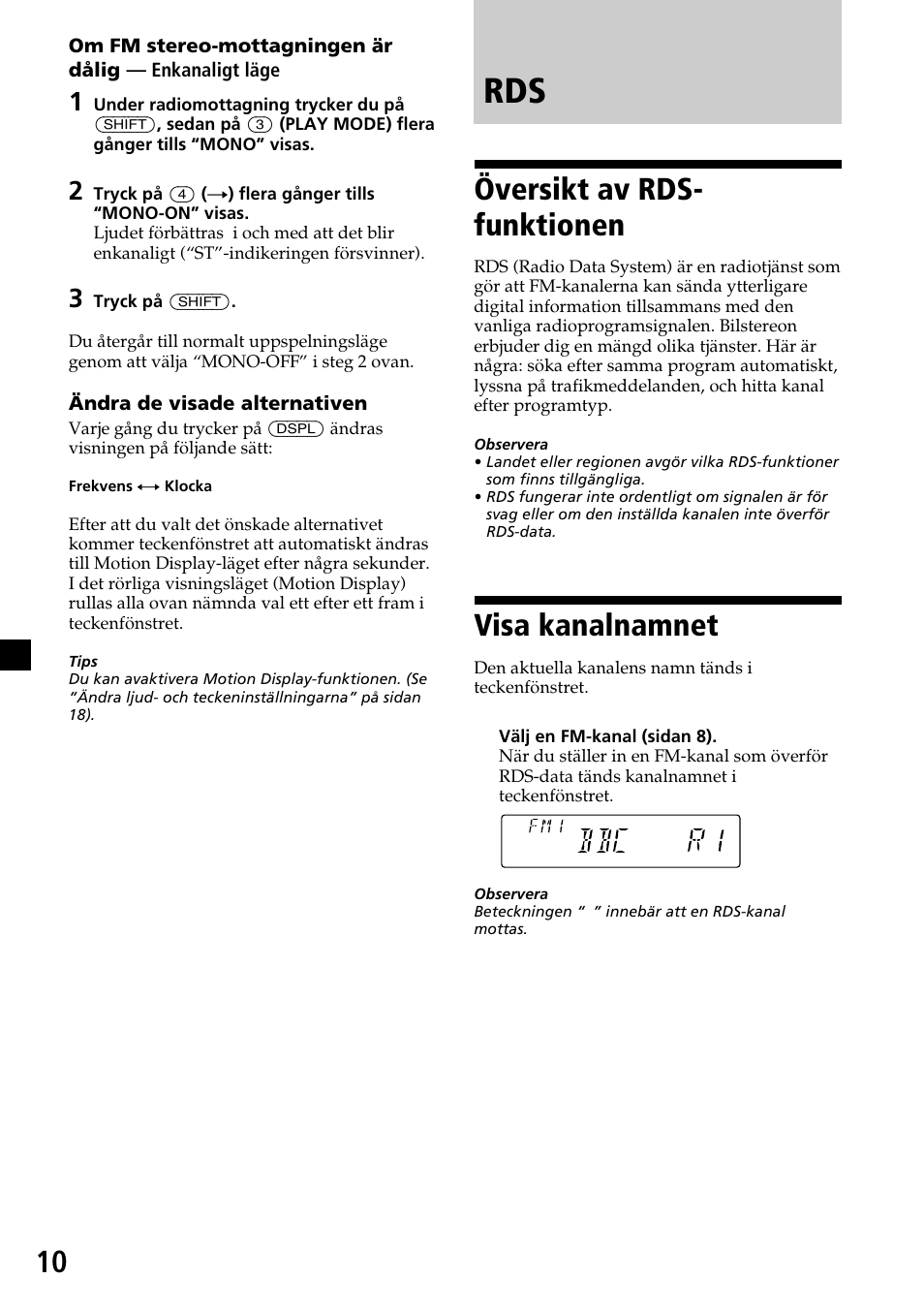 Översikt av rds-funktionen, Visa kanalnamnet, Översikt av rds-funktionen visa kanalnamnet | Översikt av rds- funktionen | Sony CDX-4270R User Manual | Page 82 / 96