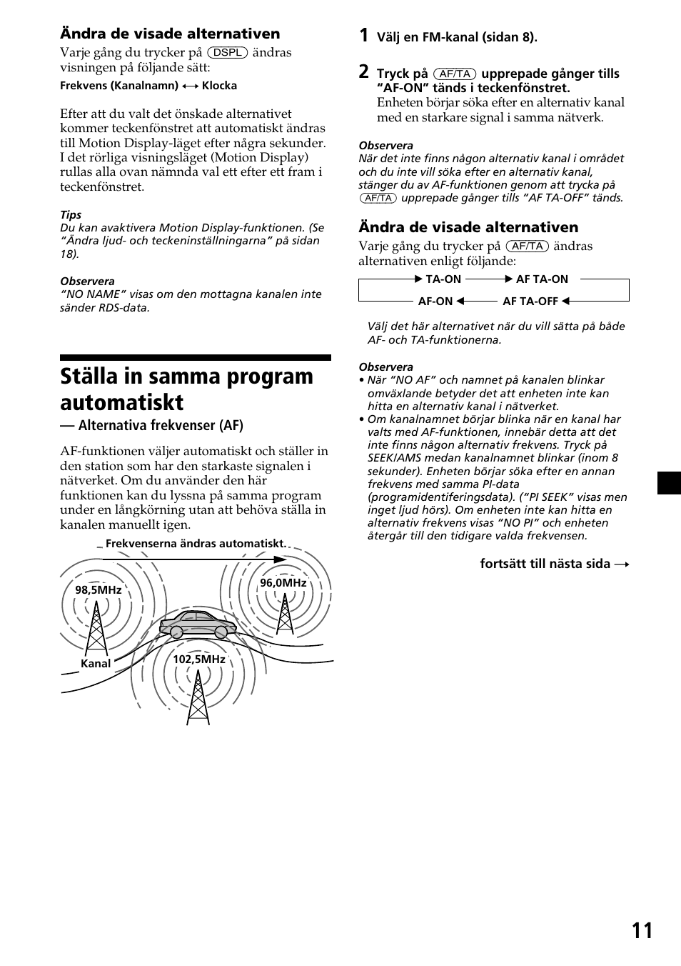Ställa in samma program automatiskt, Alternativa frekvenser (af) | Sony CDX-4270R User Manual | Page 83 / 96