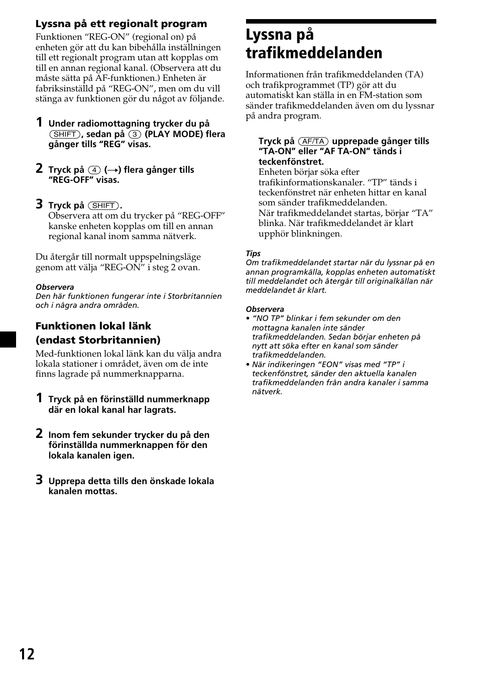 Lyssna på trafikmeddelanden, 12 lyssna på trafikmeddelanden | Sony CDX-4270R User Manual | Page 84 / 96