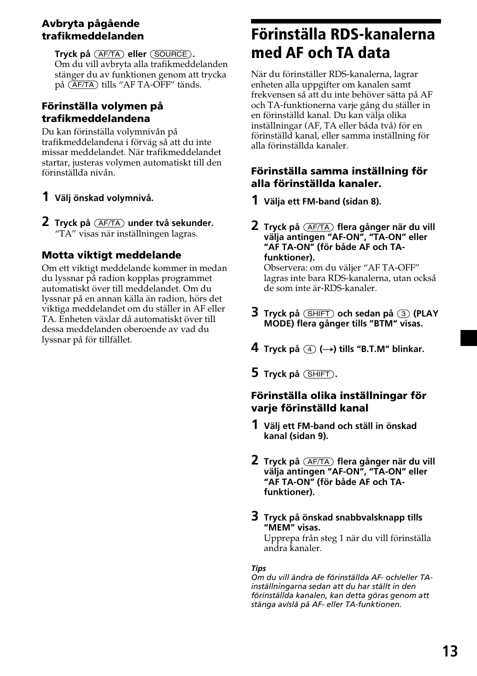 Förinställa rds-kanalerna med af och ta data, Förinställa rds-kanalerna med af och ta, Data | Sony CDX-4270R User Manual | Page 85 / 96