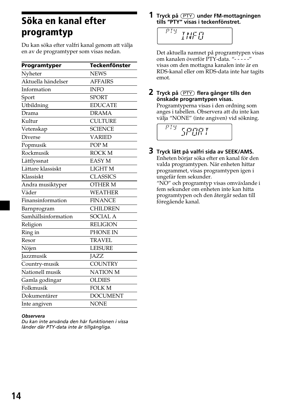 Söka en kanal efter programtyp, 14 söka en kanal efter programtyp | Sony CDX-4270R User Manual | Page 86 / 96