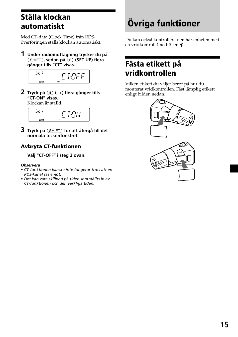 Övriga funktioner, Fästa etikett på vridkontrollen, Ställa klockan automatiskt | Sony CDX-4270R User Manual | Page 87 / 96