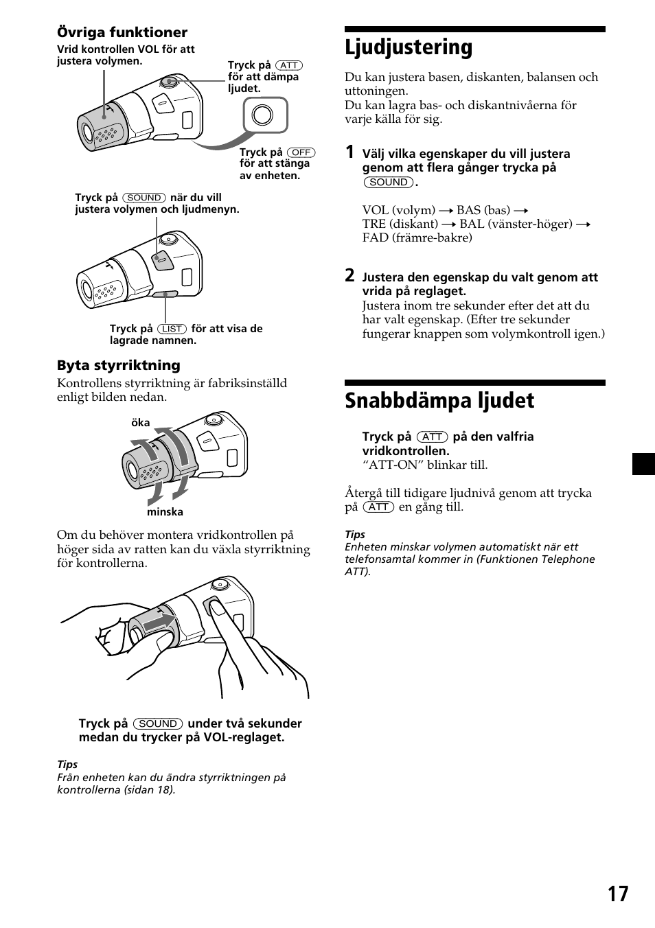 Ljudjustering, Snabbdämpa ljudet | Sony CDX-4270R User Manual | Page 89 / 96