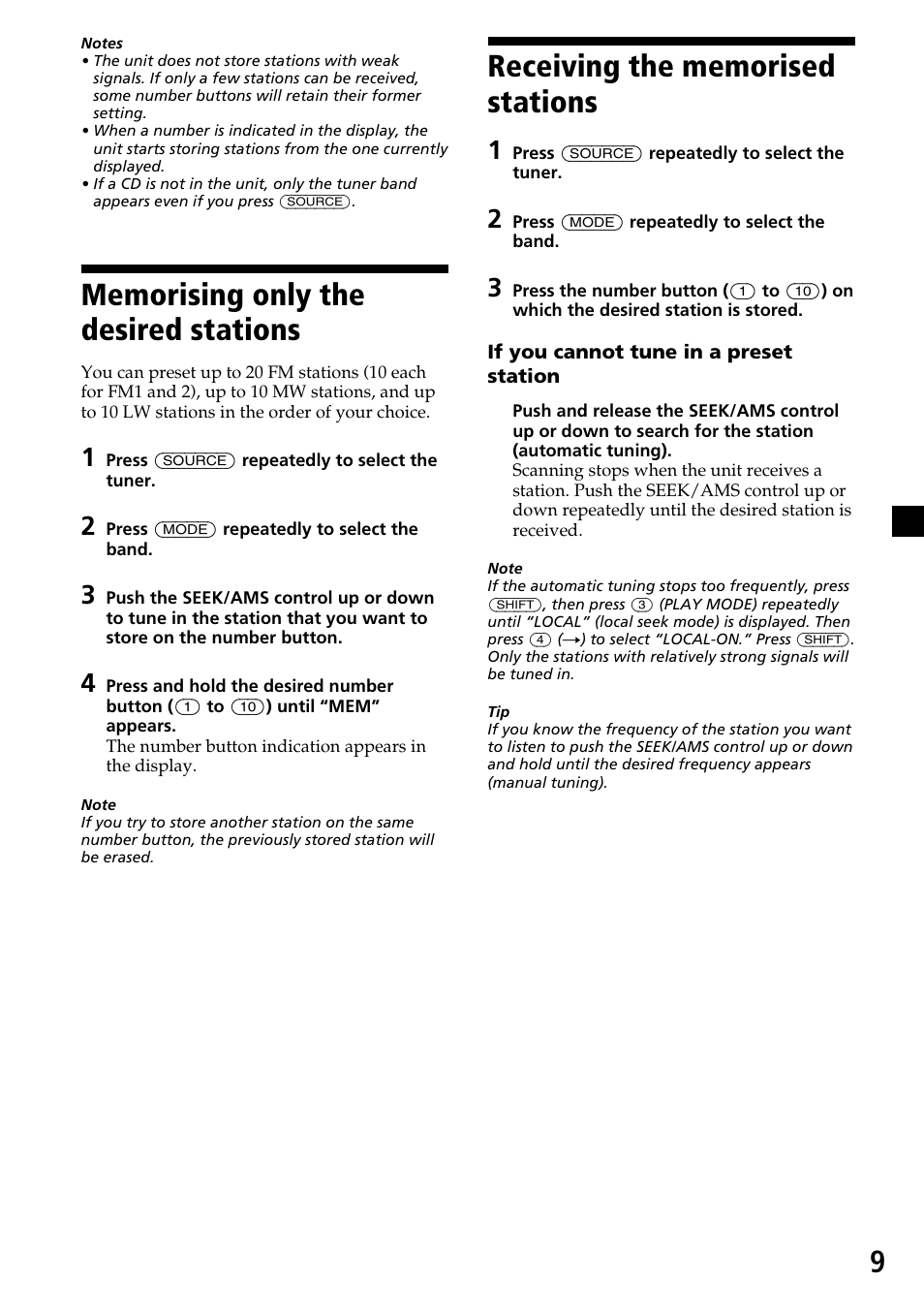 Memorising only the desired stations, Receiving the memorised stations | Sony CDX-4270R User Manual | Page 9 / 96