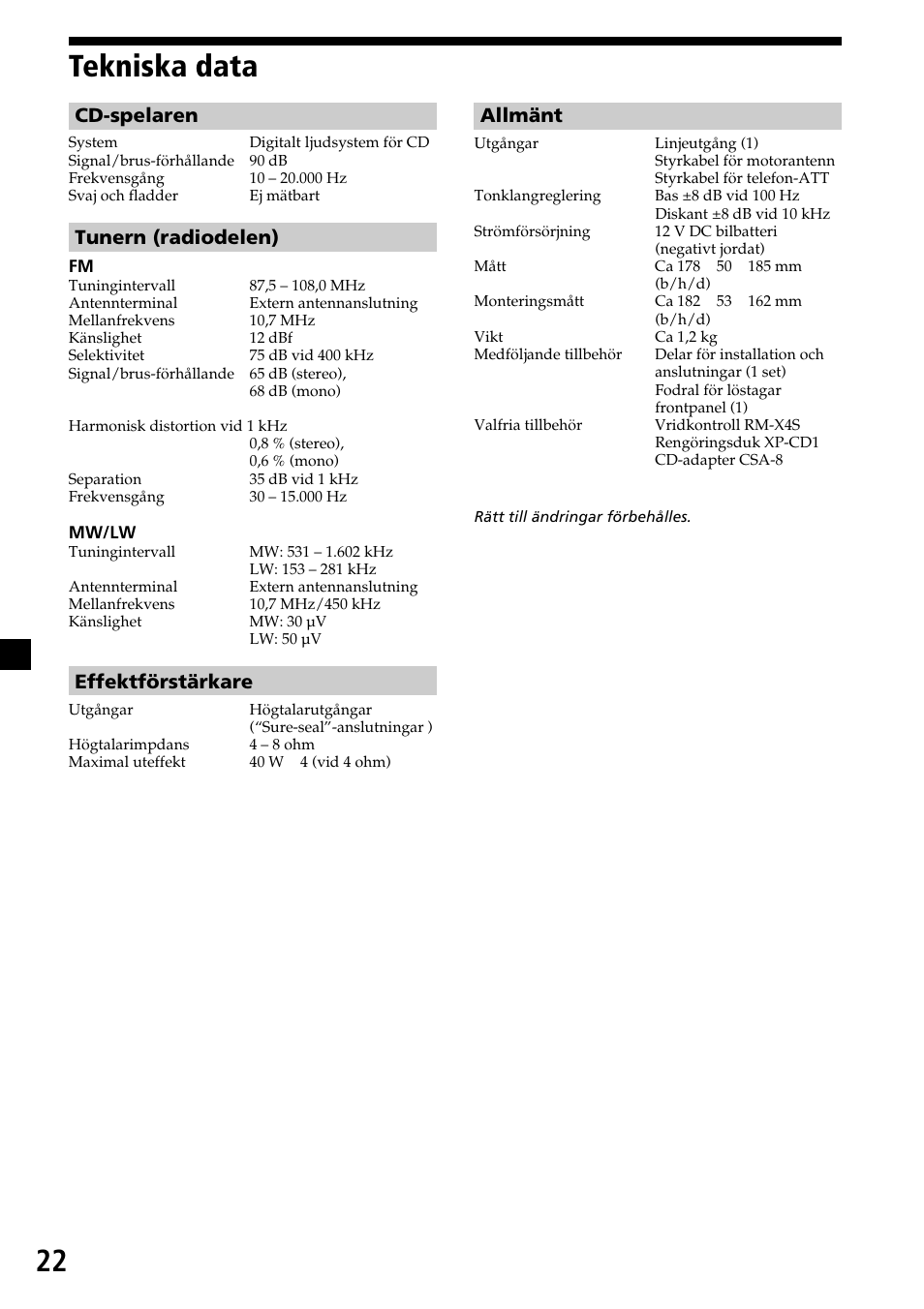 22 tekniska data, Allmänt, Cd-spelaren | Tunern (radiodelen), Effektförstärkare | Sony CDX-4270R User Manual | Page 94 / 96