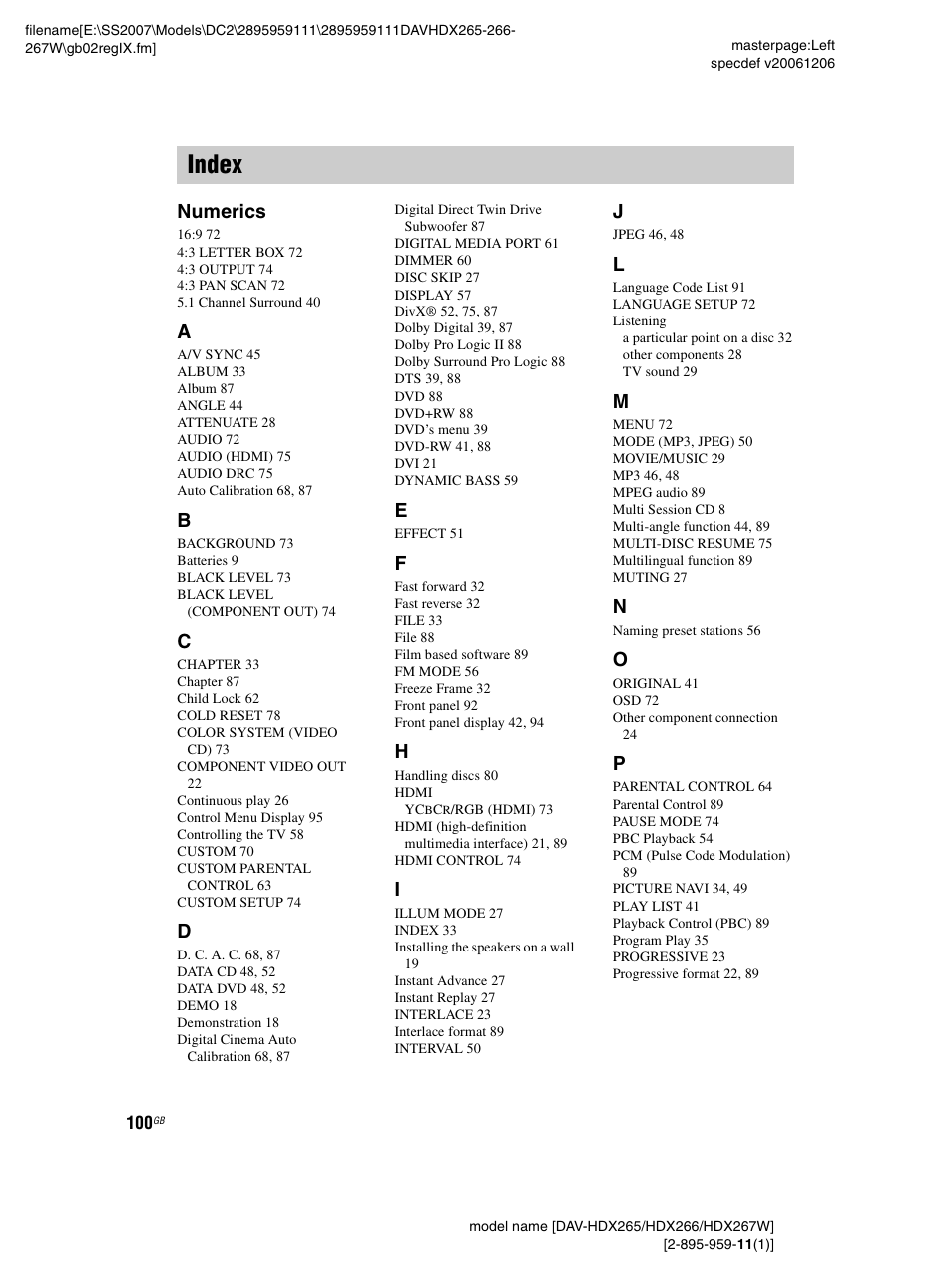 Index, Numerics | Sony HDX266 User Manual | Page 100 / 104