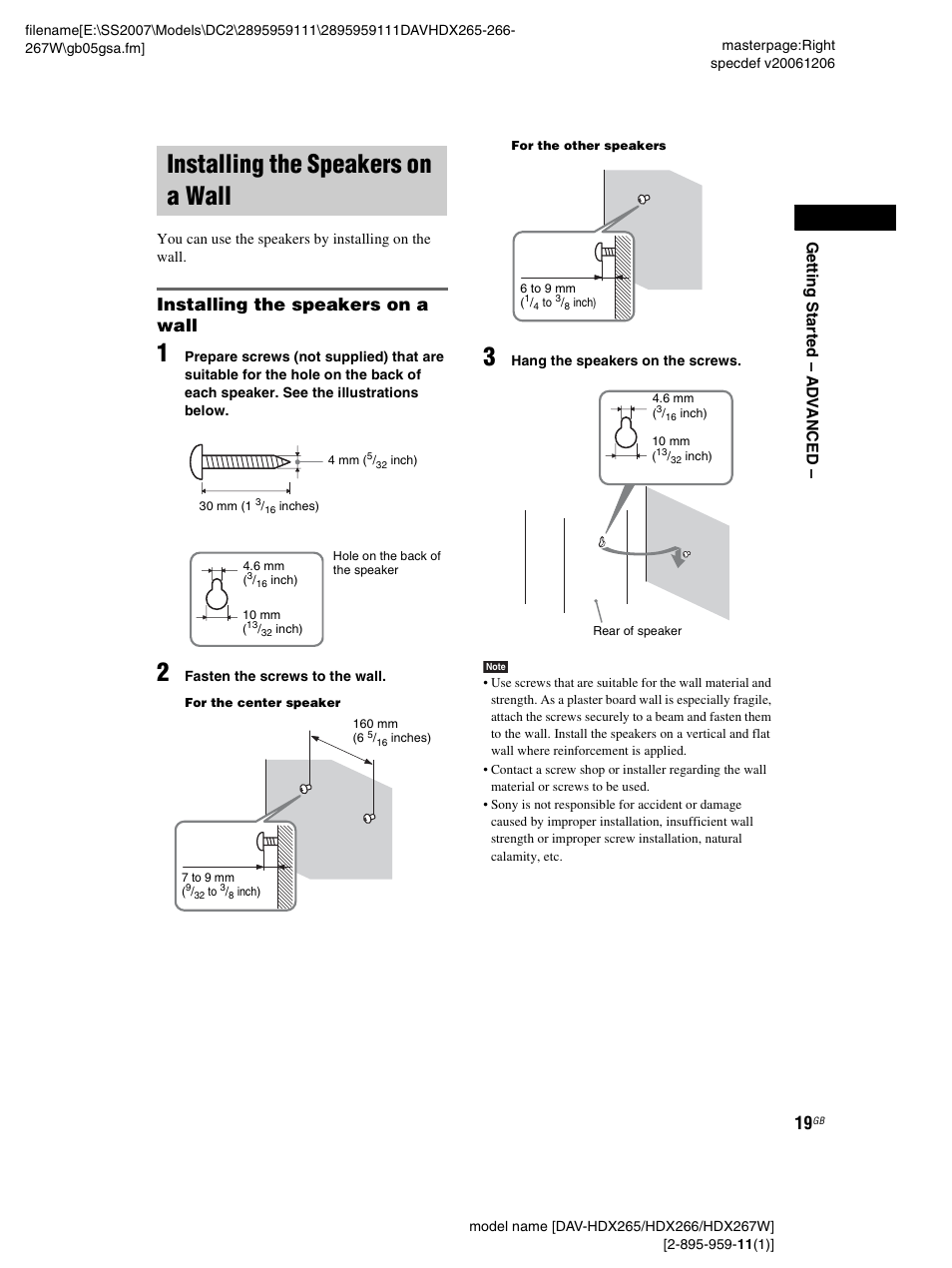 Installing the speakers on a wall, Ge tting sta rte d – ad v anced | Sony HDX266 User Manual | Page 19 / 104