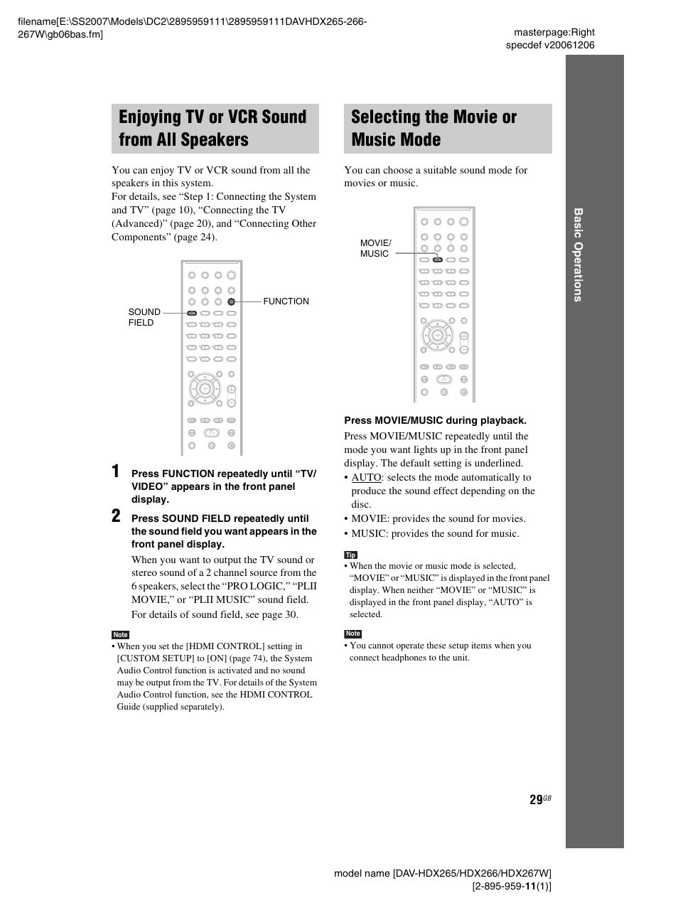 Enjoying tv or vcr sound from all speakers, Selecting the movie or music mode, Enjoying tv or vcr sound from all | Speakers, Selecting the movie or music, Mode | Sony HDX266 User Manual | Page 29 / 104