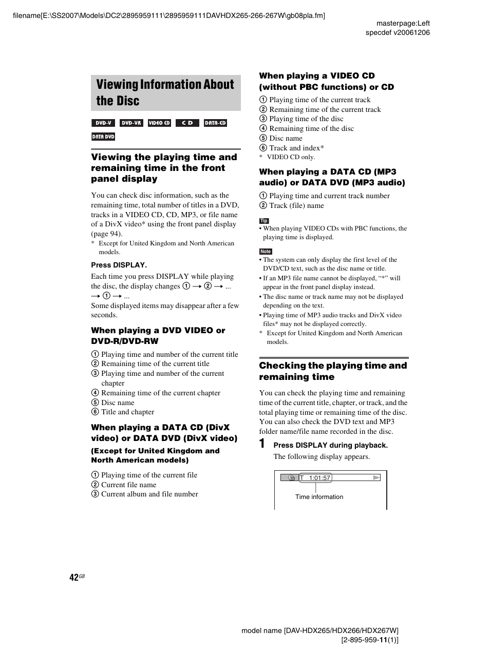 Viewing information about the disc, Checking the playing time and remaining time | Sony HDX266 User Manual | Page 42 / 104