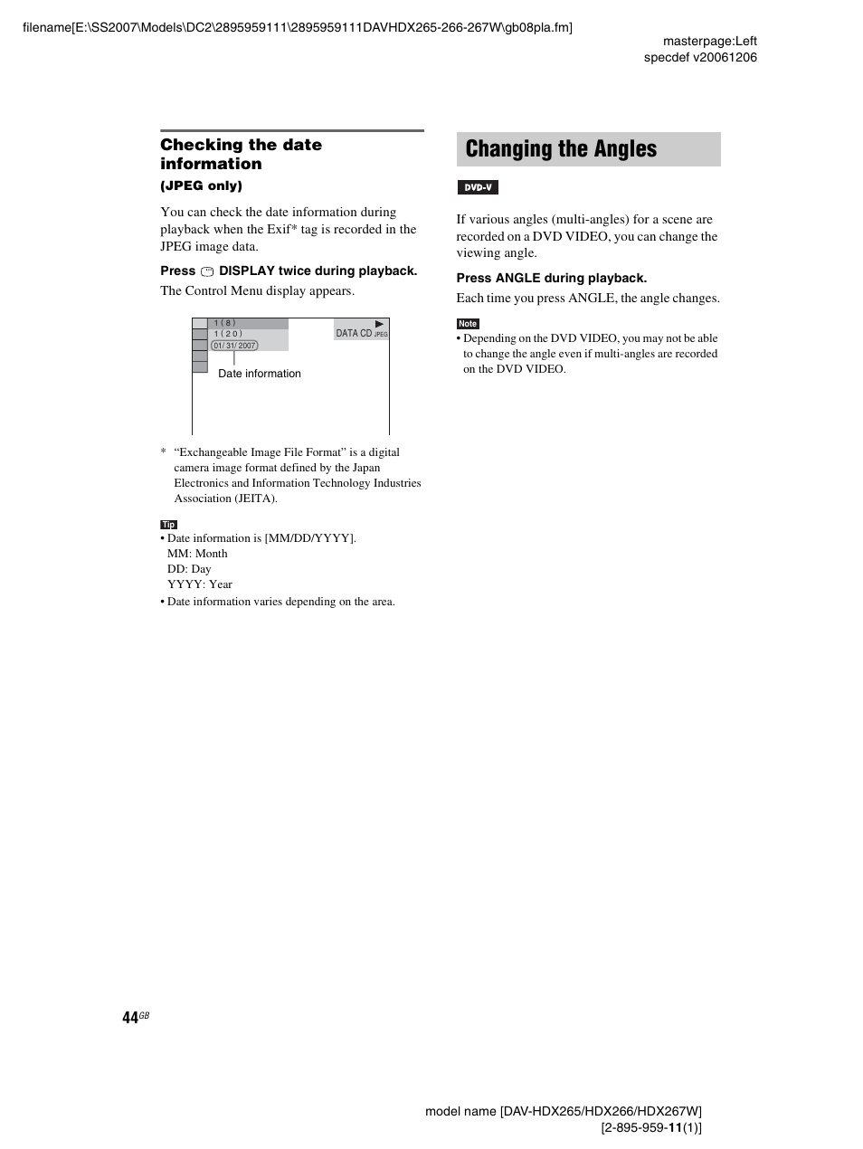 Checking the date information, Changing the angles | Sony HDX266 User Manual | Page 44 / 104