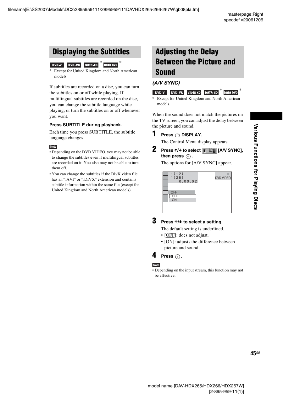 Displaying the subtitles, Adjusting the delay between the picture and sound, And sound (a/v sync) | Sony HDX266 User Manual | Page 45 / 104