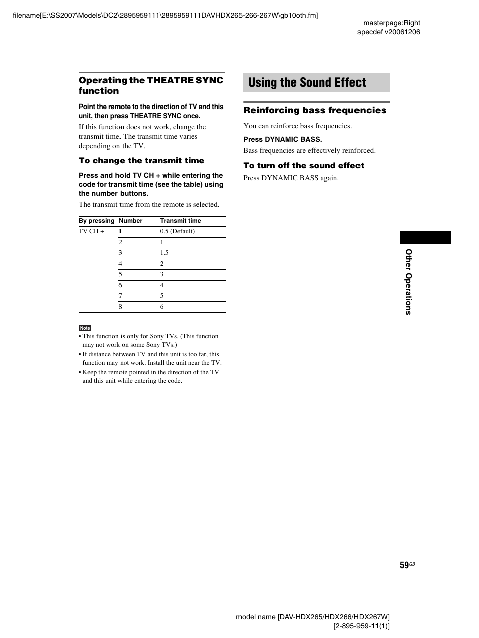 Operating the theatre sync function, Using the sound effect, Reinforcing bass frequencies | Sony HDX266 User Manual | Page 59 / 104