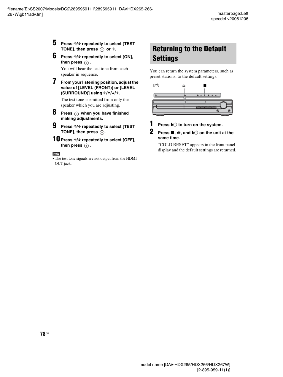 Returning to the default settings | Sony HDX266 User Manual | Page 78 / 104