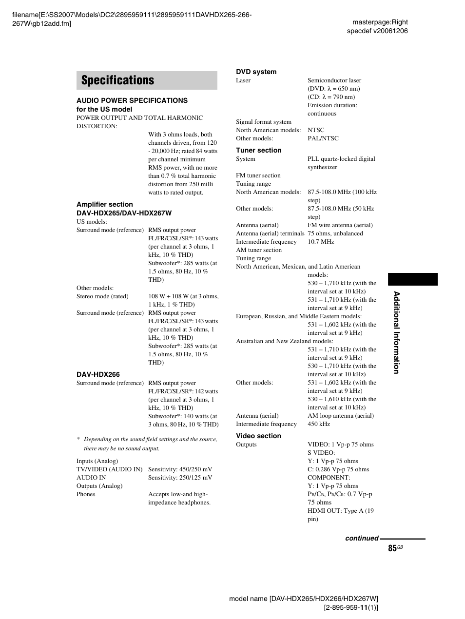 Specifications | Sony HDX266 User Manual | Page 85 / 104