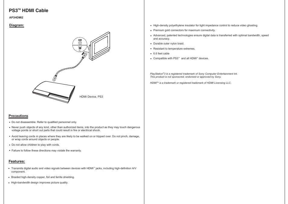 Sony PS3 AP3HDMI2 User Manual | 1 page