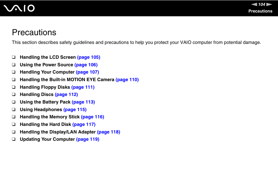 Precautions | Sony VAIO VGN-P500 User Manual | Page 104 / 165
