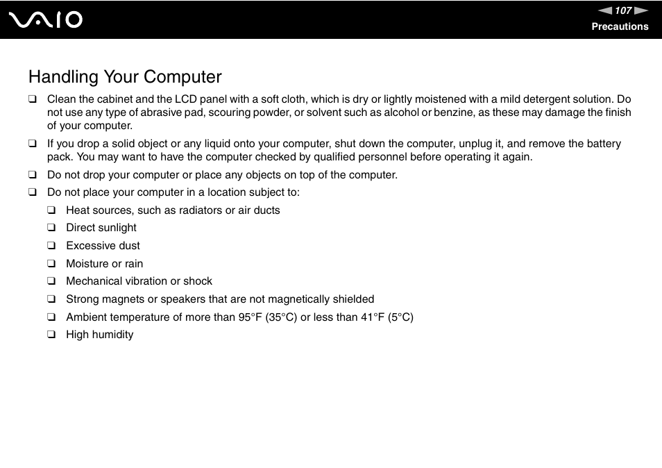 Handling your computer | Sony VAIO VGN-P500 User Manual | Page 107 / 165
