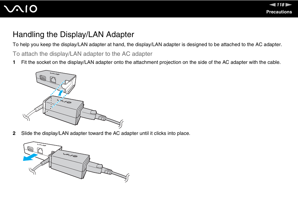 Handling the display/lan adapter | Sony VAIO VGN-P500 User Manual | Page 118 / 165