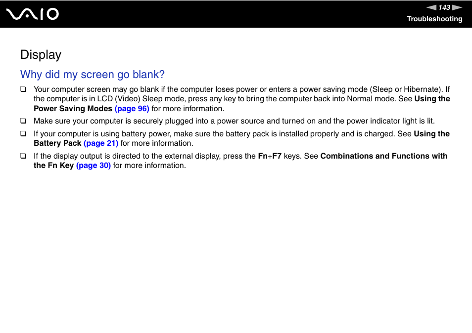 Display, Why did my screen go blank | Sony VAIO VGN-P500 User Manual | Page 143 / 165