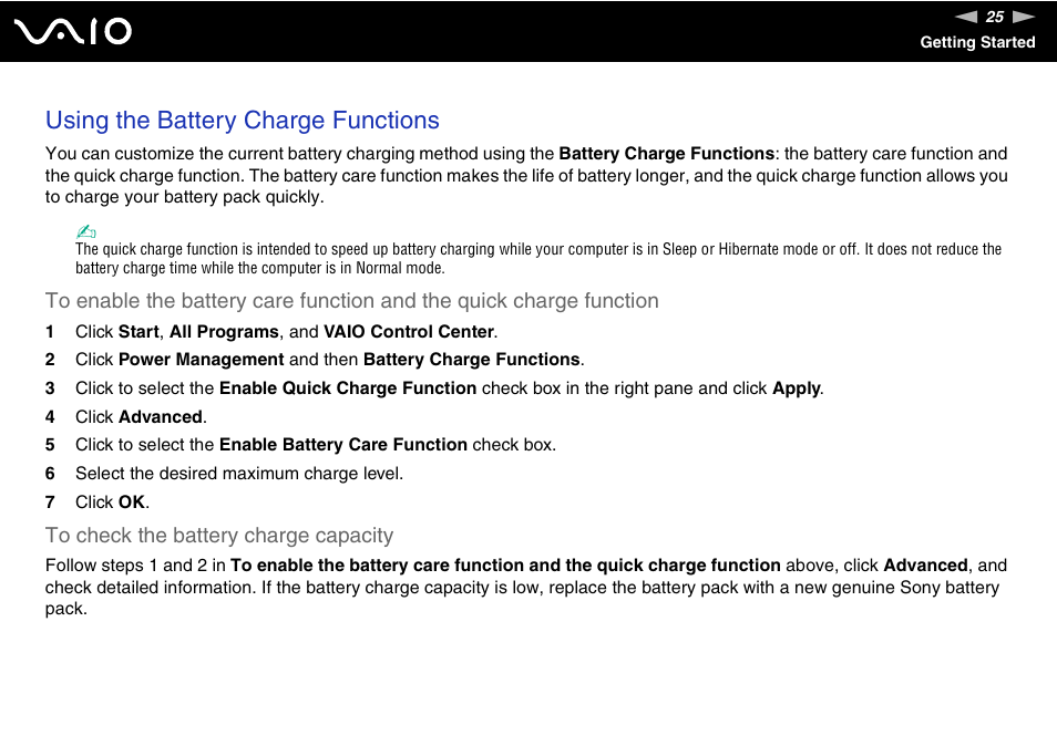 Using the battery charge functions | Sony VAIO VGN-P500 User Manual | Page 25 / 165