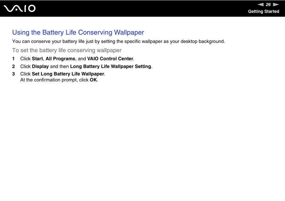 Using the battery life conserving wallpaper | Sony VAIO VGN-P500 User Manual | Page 26 / 165