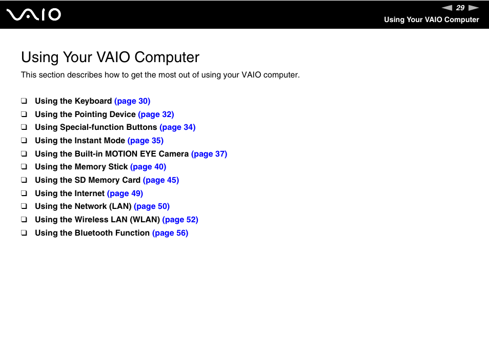 Using your vaio computer | Sony VAIO VGN-P500 User Manual | Page 29 / 165