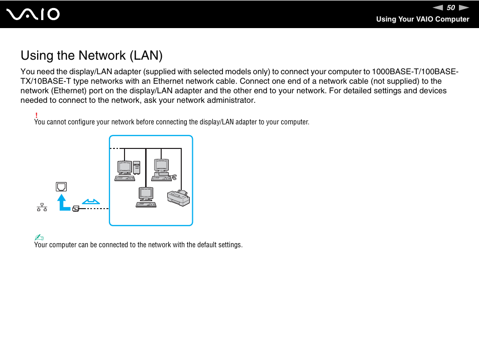 Using the network (lan) | Sony VAIO VGN-P500 User Manual | Page 50 / 165