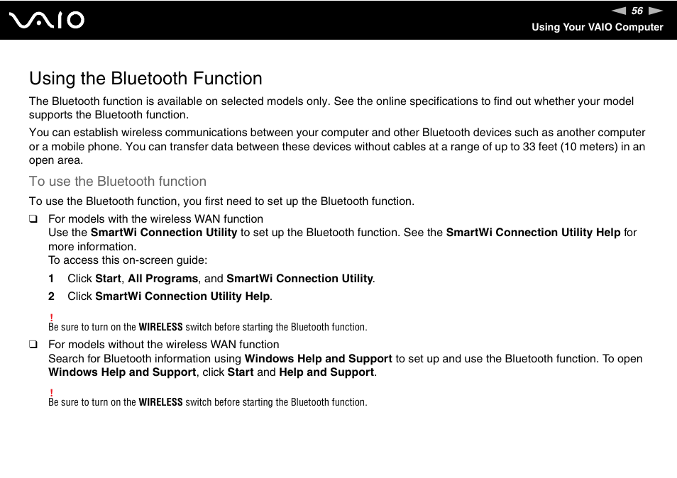 Using the bluetooth function, Tion | Sony VAIO VGN-P500 User Manual | Page 56 / 165