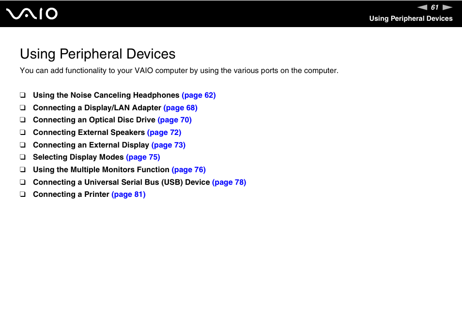 Using peripheral devices | Sony VAIO VGN-P500 User Manual | Page 61 / 165